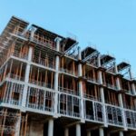 A building under construction with scaffolding around it.